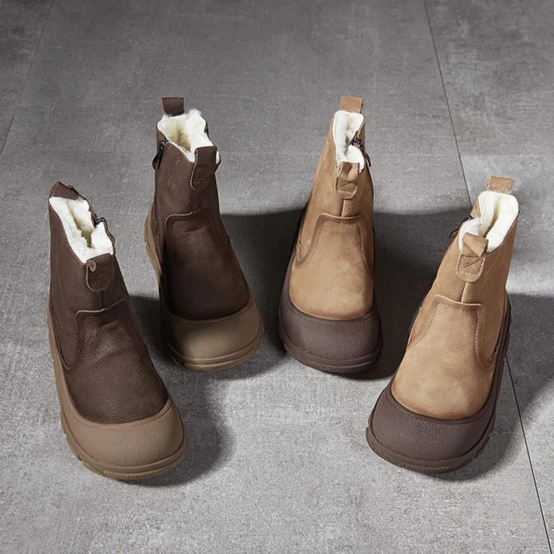 Johnature Genuine Leather Wool Warm Boots Round Toe Thick Soled Side Zipper Retro Women's Short Boots