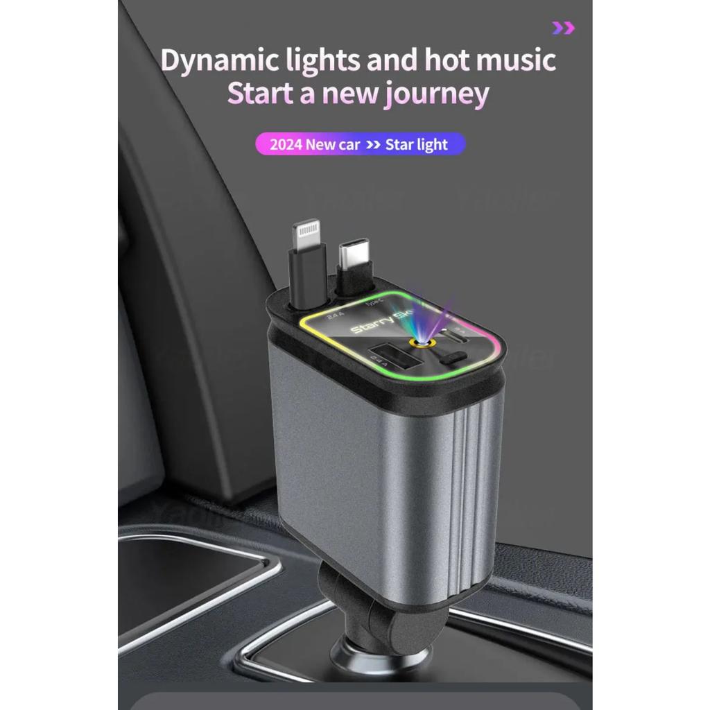 Upgraded 120W PD+USB Quick Charger with 2 Retractable Cable Fast Charging Car Phone Charge W/ Ambient Light 4 In 1 Power Adapter