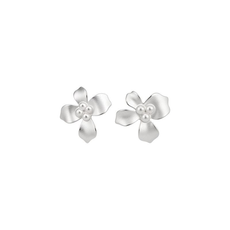 High-End Silver Needle Pearl Drop Earrings - Chic Floral Studs for Women