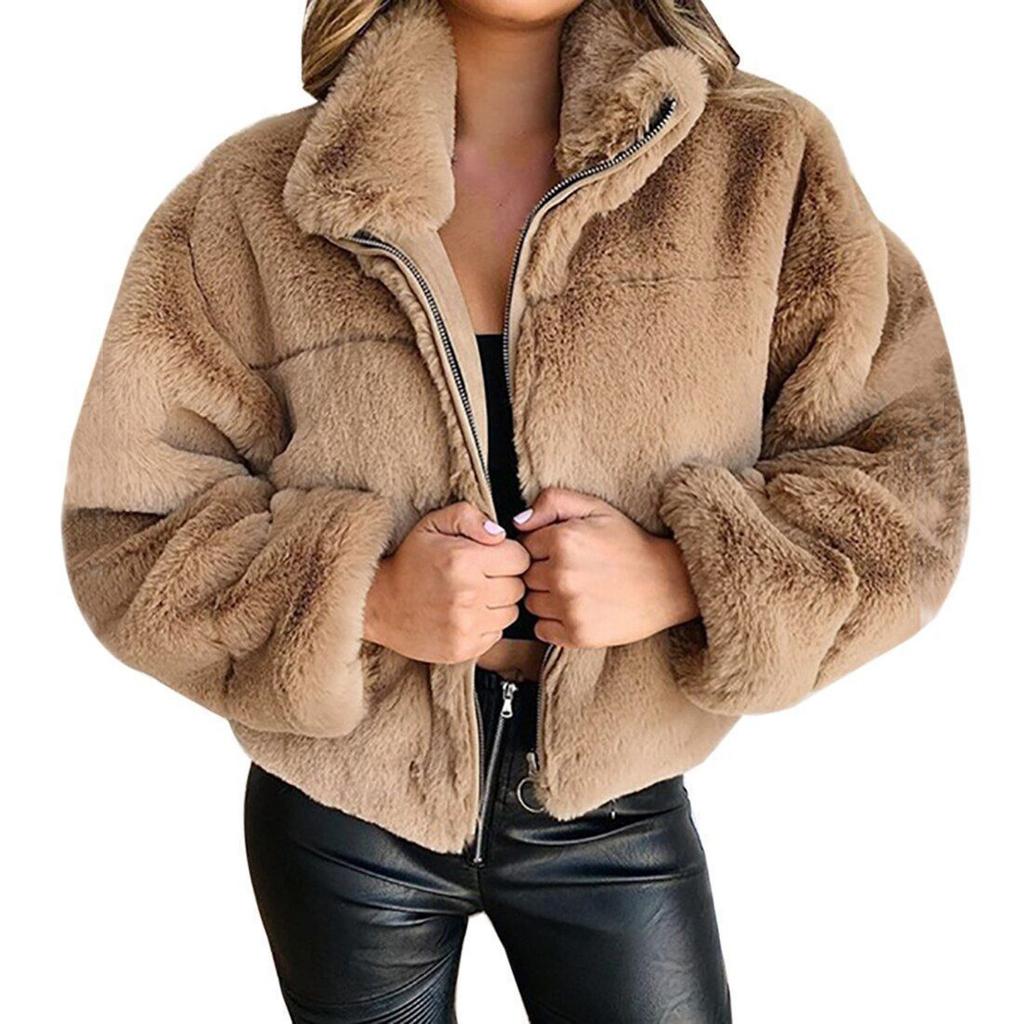 Women's Autumn Winter Faux Fur Short Coats Zipper Cardigan Plush Warm Coat Female Oversized Outerwear Overcoat Thick Jacket
