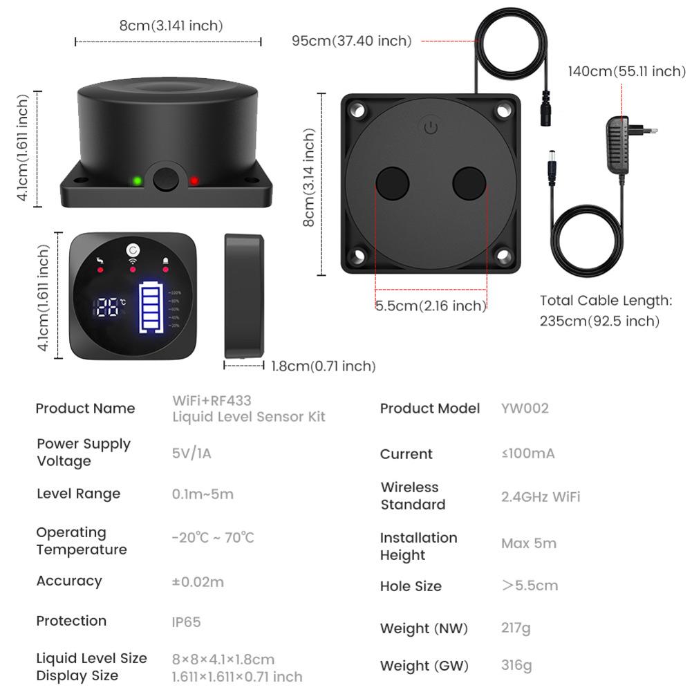 Tuya- WiFi Water Level Sensor Smart Water Tank Monitor Custom Threshold Alert- IP65 Waterproof 3 M Cable Remote Detection Tool