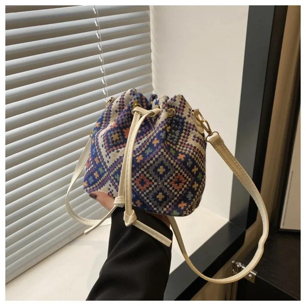 Vintage Ethnic Style Fashion New Women's Bags Crossbody Bucket Bag Handbag Casual Simple Elegant Pattern Drawstring Versatile