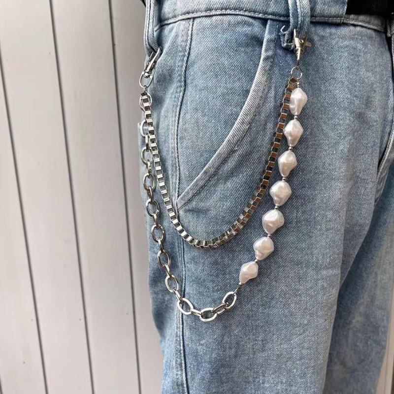 Trendy Euro-American Hip-Hop Pearl Patchwork Waist Chain Cool Jeans Pocket Chain with Metal Chain and Pearls Unisex