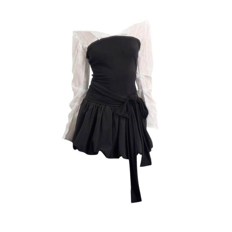 Korean Style One-Shoulder Patchwork Dress - Black & White, Autumn Slim Fit with Lace-Up Detail Extra Large чёрный