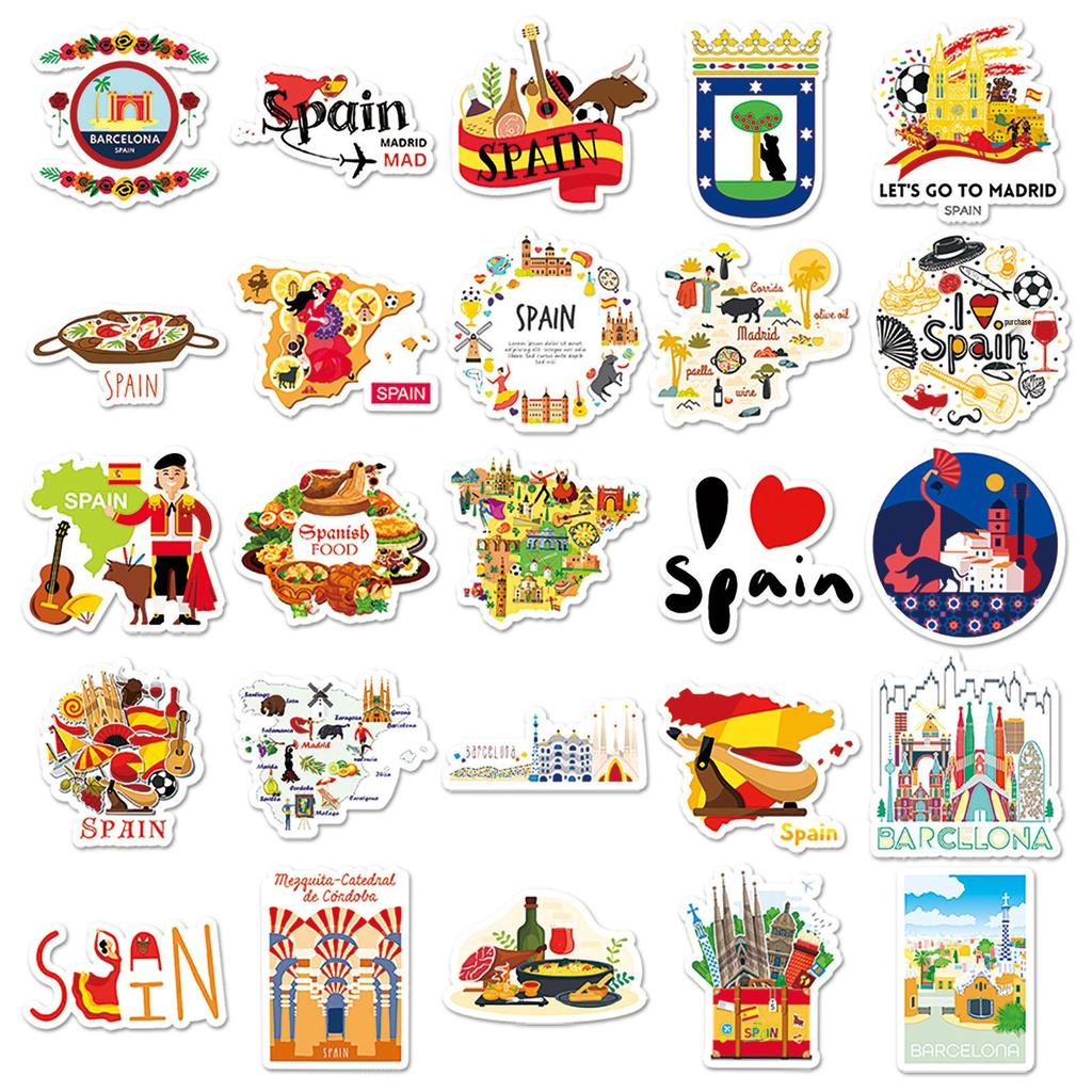 50 Spanish National Tourism Waterproof Stickers for Outdoor Use on Notebooks, Helmets, and Water Bottles