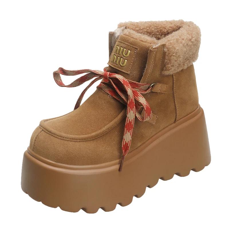 

Модные женские зимние ботинки на платформе с мехом 8 см, замшевые кожаные теплые хлопковые ботильоны, женские трендовые короткие плюшевые мотоциклетные ботинки Botas De Mujer 34 коричневый