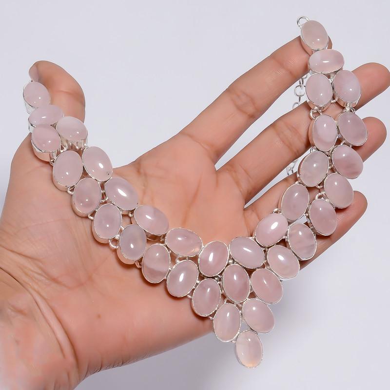 Mind Blowing Top Grade Qualite 100% Natural Rose Quartz Oval Shape Ethnic Handmade Jewelry 925 Steling Silver Necklace 18" WSJ-4763