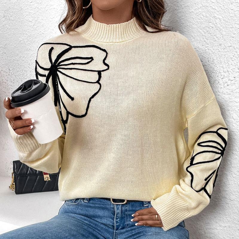 Women's New Knitted Casual Sweater Half High Collar Long Sleeve Pullover Autumn Winter Female Fashion Flower Printed Commuter Sweater