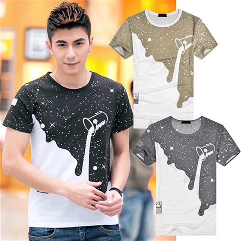 Trendy Mens Fashion Milk Poured Pattern Printed Short Sleeve Round Neck T-shirt