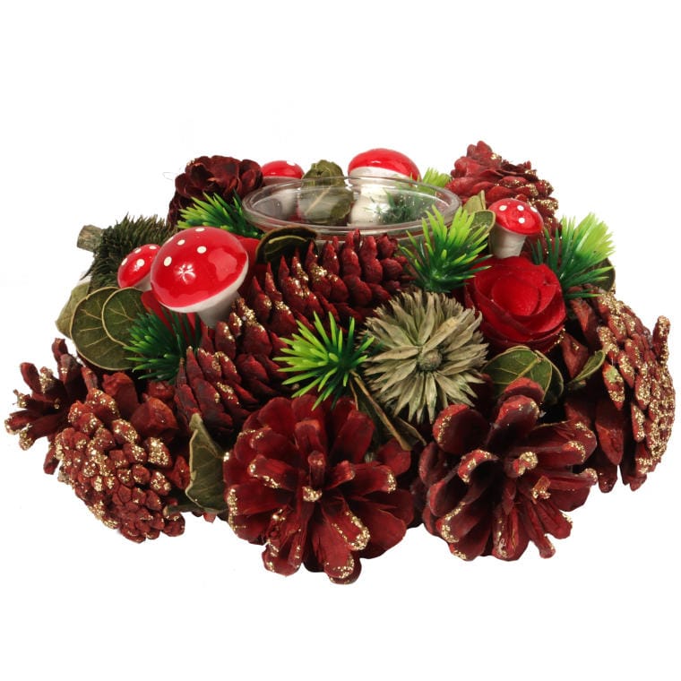 Candlestick-Wreath with Natural Cones and Wood 28 cm with Glass Candle Container