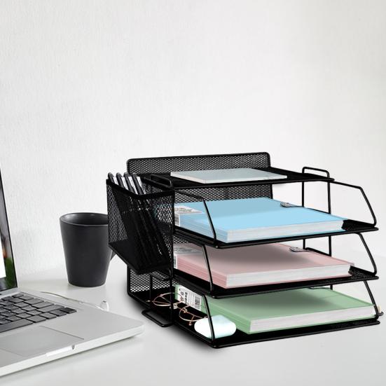 4-Tier Office Storage Rack with Pen Holder Metal Mesh Desktop Organizer File Stand File Manager Desk Accessories