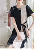 Chic Color-Block High-End Chiffon Midi Dress with Round Neck and Waist-Cinching Design for Women