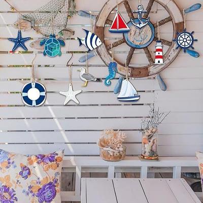 24 pièces Pendentifs en Bois Navigation d'Été Étoile de Mer Tortue Animaux Marins Ornement Suspendu Hippocampe Bateaux