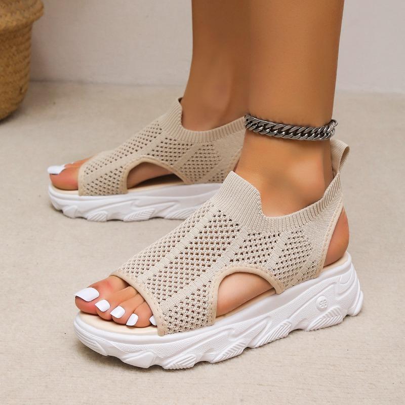 Summer new thick-soled fish mouth sandals women's woven mesh flat-soled beach shoes fashion casual student sports sandals