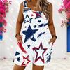 Women Plus Size Red Blue White Star Printed Sleeveless Ring Strap Scoop Neck Loose Romper With Pockets