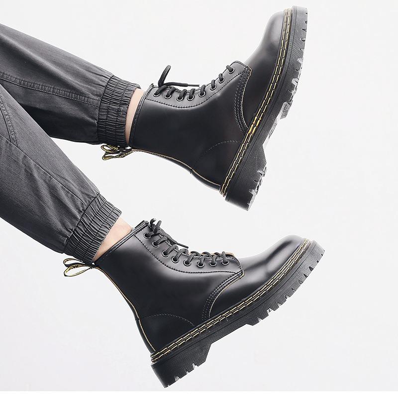 Doppellinie High-Top Martin Stiefel Damen Persönlichkeit Kurze Stiefel Loch Lederstiefel Muffin-Sohle Britische Lokomotive Stiefel Herren