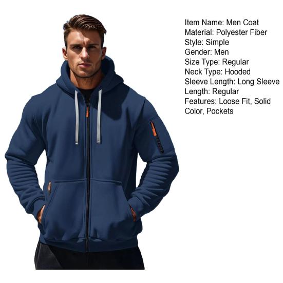 Men Coat Long Sleeve Zipper Closure Hooded Sweatshirt with Large Pockets Solid Color Velvet Thickened Warm Outerwear