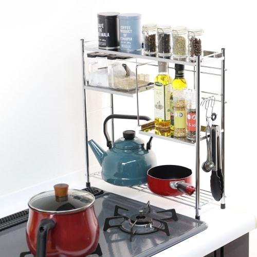 Kawaguchi Kouki Stainless Steel Stovetop Side Rack (2 Shelves & 3 Hooks) 21492