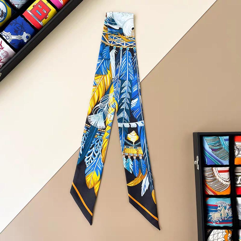 Europe Fashion New Animal Feather Pattern Ladies Leisure Decoration Twill Long Strip Streamer Silk Scarf Tie Bind a Bag Ribbon