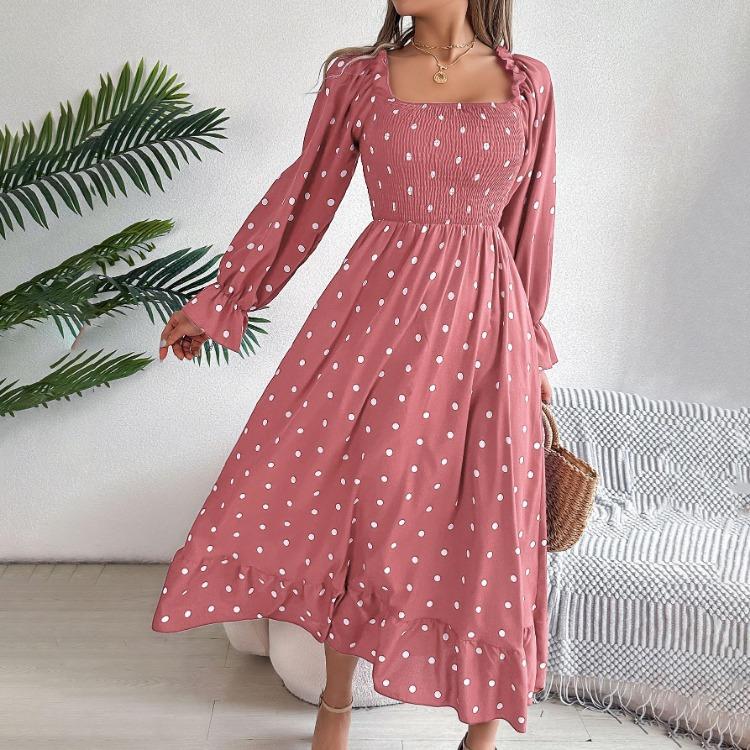 Elegant Women Solid High Waist Pleated Dress Long Sleeve Dot Lace Up Autumn Winter