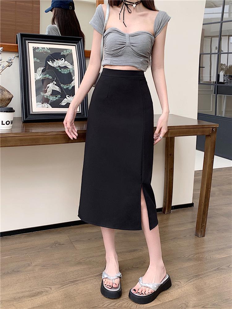 

Plus Size Summer 2025 A-line Slit Midi Skirt - Women s High Waist Lightly Mature Style Bodycon for a Slimming Look XL чорний