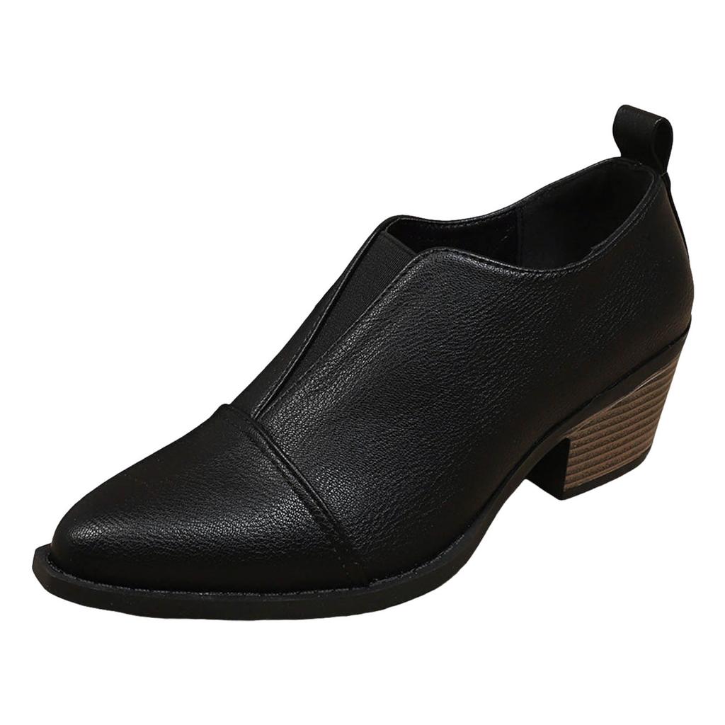 Klobiger Absatz Spitze Zehen Damen Schuhe Modisch Einfarbige Leder Schlupf Klassische Stiefeletten Lederstiefel Damen Absatz