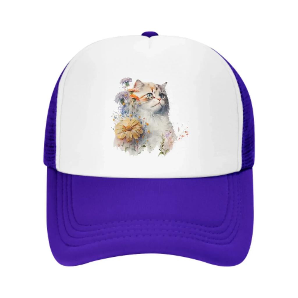 Blumenkatzen Netz-Trucker-Hüte für Unisex-Damen, verstellbare lässige Mode-Baseballkappen für Outdoor-Aktivitäten