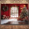 Christmas Winter Background Vintage fireplace Party Decoration Children's Photo Studio Supplies Xmas Tree Lanterns Snowy Scenery