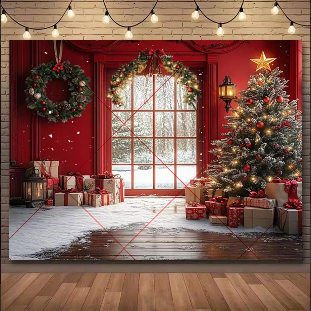 Christmas Winter Background Vintage fireplace Party Decoration Children's Photo Studio Supplies Xmas Tree Lanterns Snowy Scenery