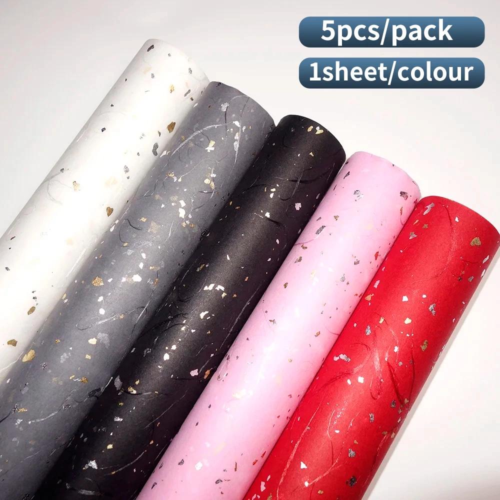 Korean Floral DIY Wrapping Paper Set - 5 Sheets, 6 Colors, Gold/Silver Sparkles, Waterproof for Bouquets & Gifts