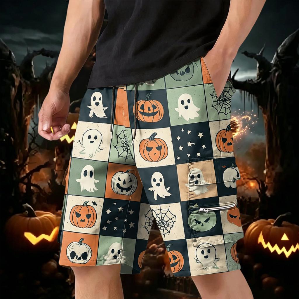 Men's Halloween Cargo Shorts with Drawstring, Multi-Pocket Casual Work Shorts for Summer