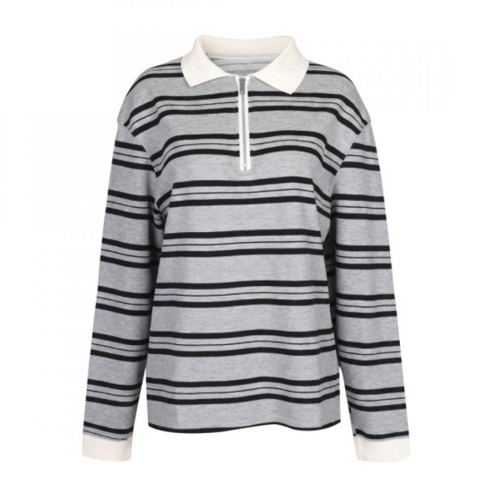 Shop Women Collar Half Zip Stripe Retro Loose Ls Tee Gray Naru Wsh260057