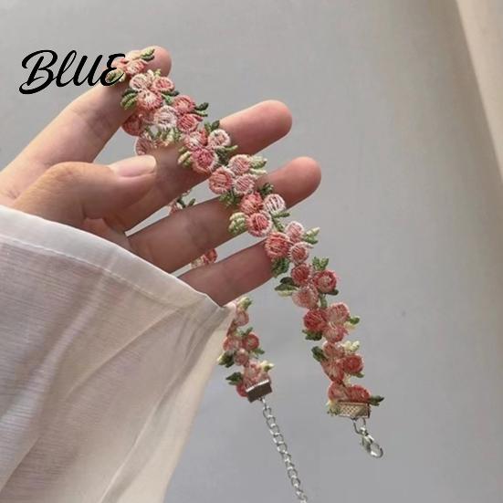Adjustable Choker Necklace Boho Embroidered Floral Retro Pink Flower Vintage