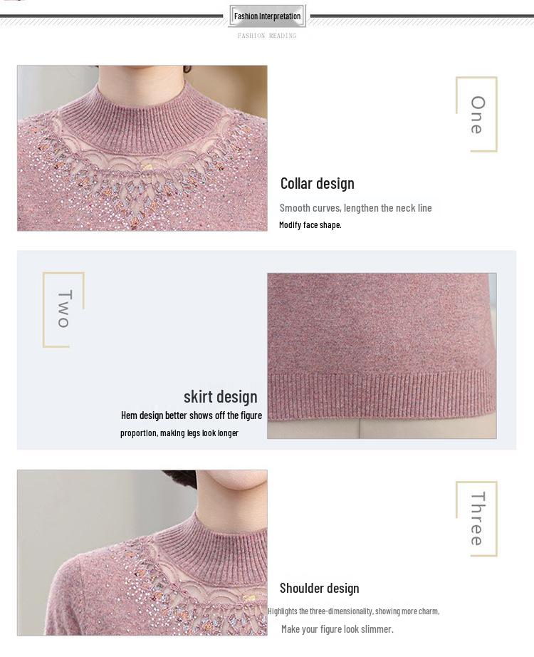 2025 New Style Mid-Neck Pure Wool Sweater with Embroidery for Middle-Aged & Elderly Women – Perfect for Autumn & Winter