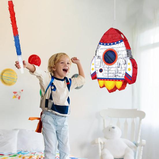 Pull String Rocket Ship Pinata Rocket Pinatas with Blindfold Bat Stick Confetti for Kids Space Themed Birthday Party Supplies