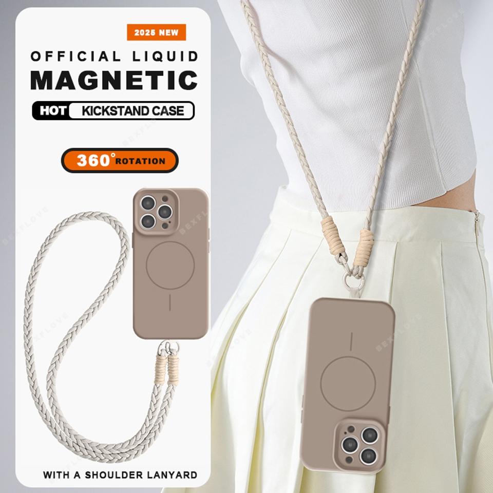 

Магнитный чехол на шнурке для iPhone 16 14 15 Plus 11 12 13 16 Pro Max Magsafe Жидкий силикон Зарядный ремешок Защитная крышка For iPhone 15