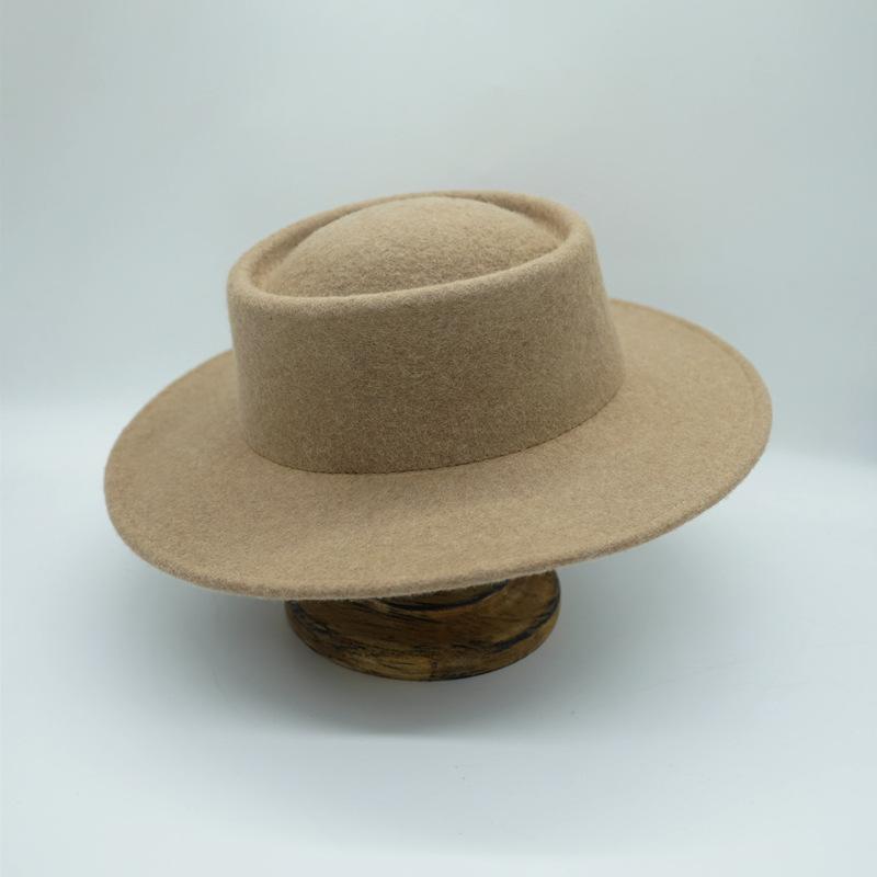 French Retro Elegant Mocha Oat Mixed Camel Flat Top Top Hat Women'S Autumn And Winter British Wool Felt Foreign Trade