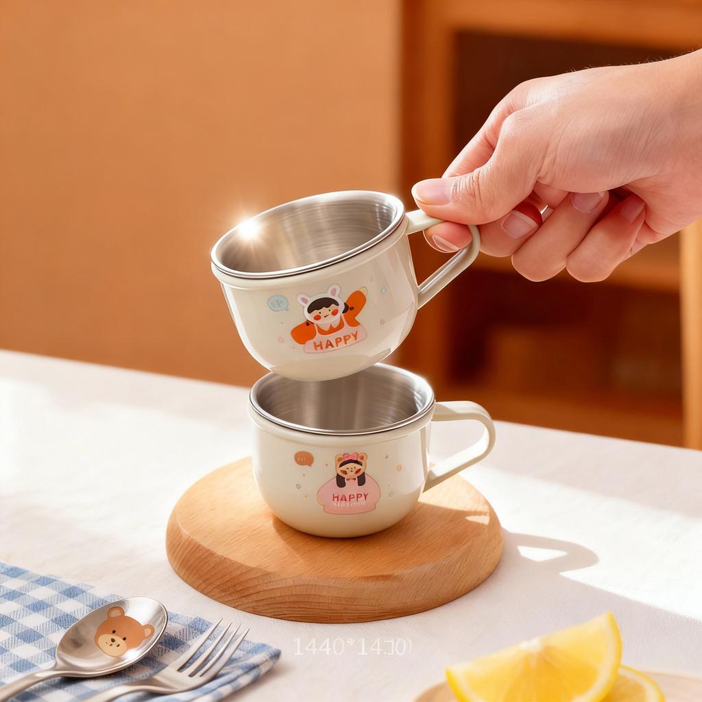 Plastic/304 Stainless Steel Kids Mug Thicked Durable Mini Water Cup With Handle Portable Cute Cartoon Children Drinking Cup