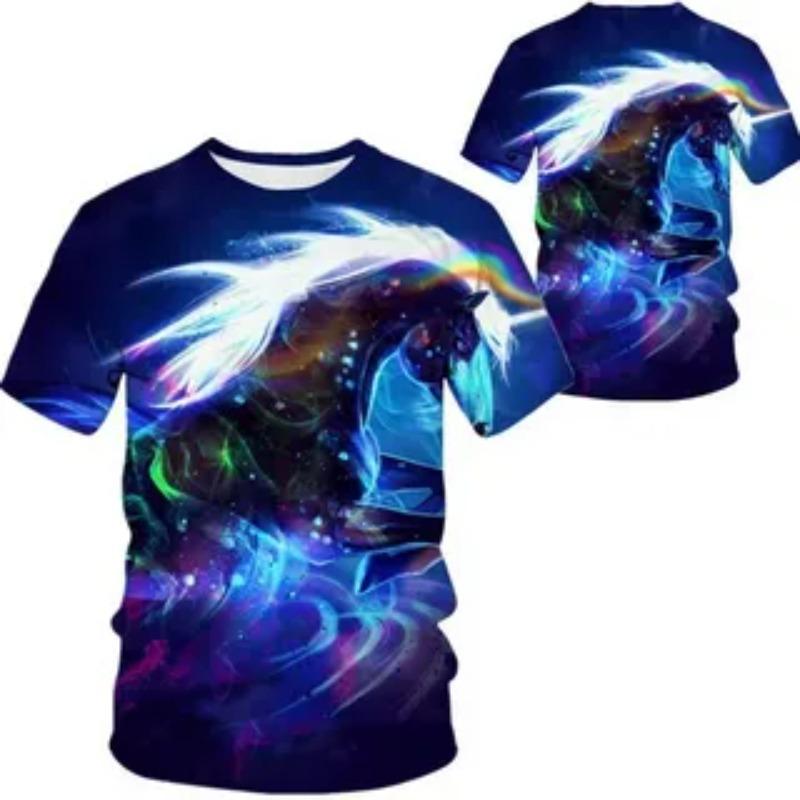 Summer Cute Animal Creative Colorful Horse Pattern Printed T-shirt Soft Comfortable Round Neck Short Sleeve Children's T-shirt