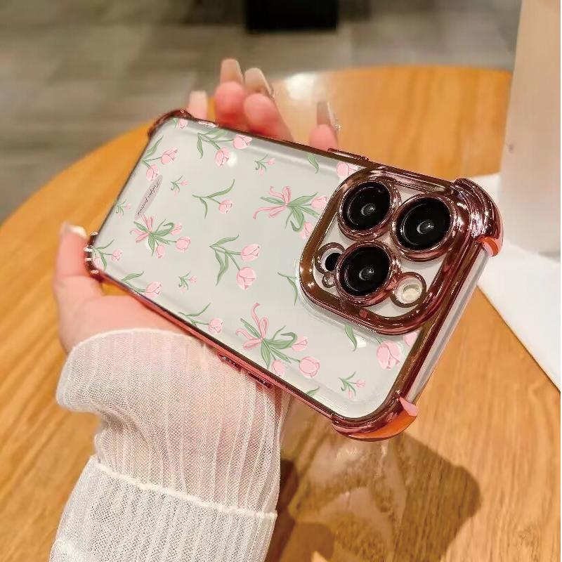 Case For iPhone 14 13 Pro Max 6 7 8 Plus 17 Air X XR XS Max Plating Violet Flowers Shockproof Transparent Soft Cover