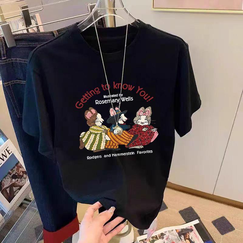 Fashionable Shoulder Pure Cotton Black Short-sleeved T-shirt for Women's Summer New Loose Letter Printing Versatile Top Shirt