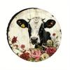 1pc Spare Tire Cover With Black & White Cow & Floral Design, Abstract Rustic Style - Durable Machine-Washable Fabric, Multiple S