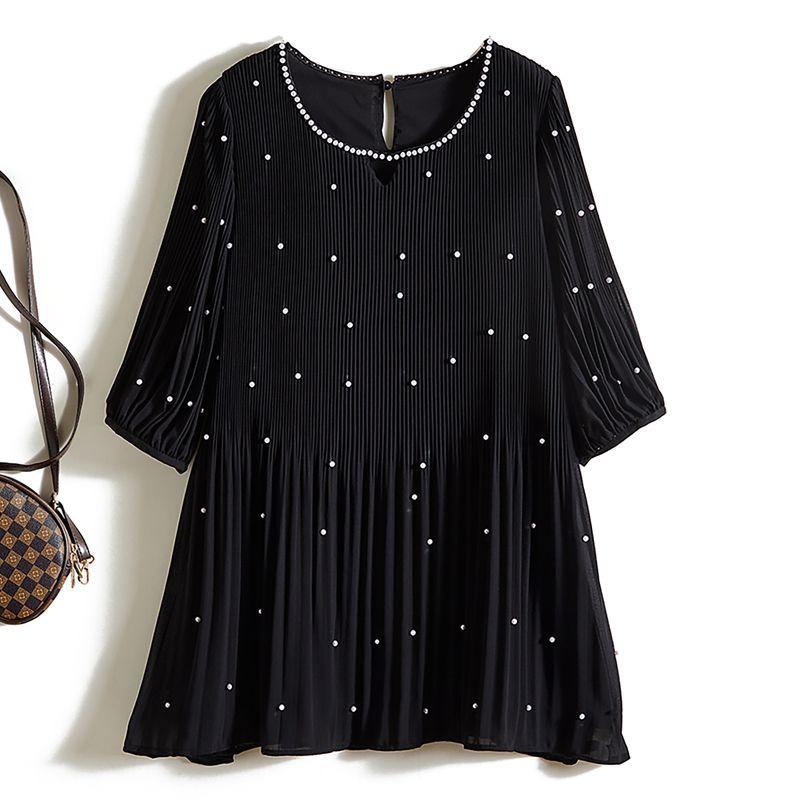 

Japan Foreign Trade Order! Ten Thousand Yuan Top Goods White Pearl round Neck High Elasticity Inclusive Pleat Dress Women s Short Skirt Summer Black XL