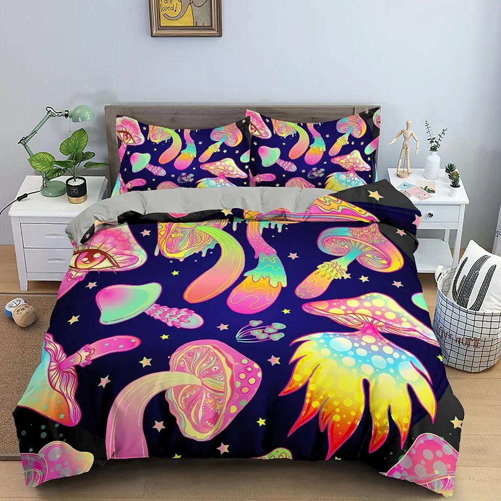 Sada povlaků na peřinu s houbami Trippy kresba Hippie design Psychedelická sada povlečení Pokrývka Přikrývka Povlak na peřinu Jednolůžko Dvojlůžko Queen King