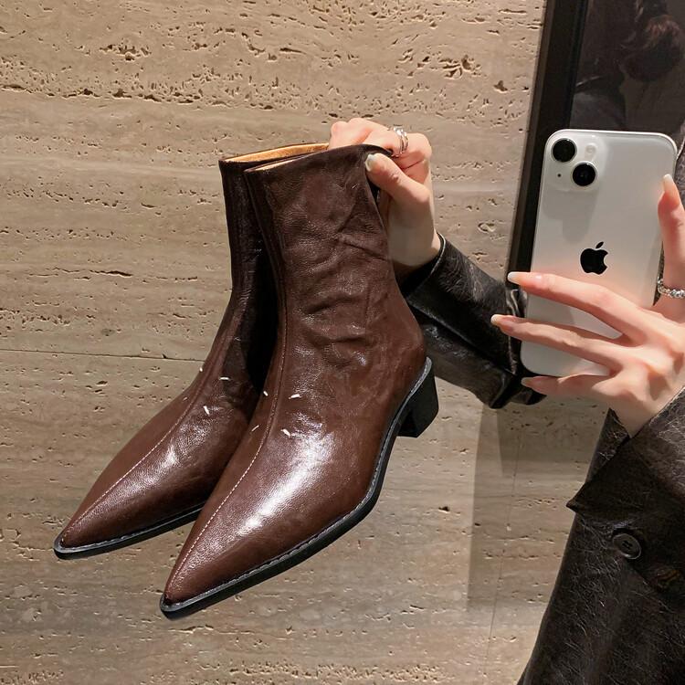 

Кошачий ус~ Женские ботинки из натуральной кожи внутри и снаружи, квадратный каблук, острый носок, задняя молния, ботинки челси из овчины, британские короткие женские ботинки 39