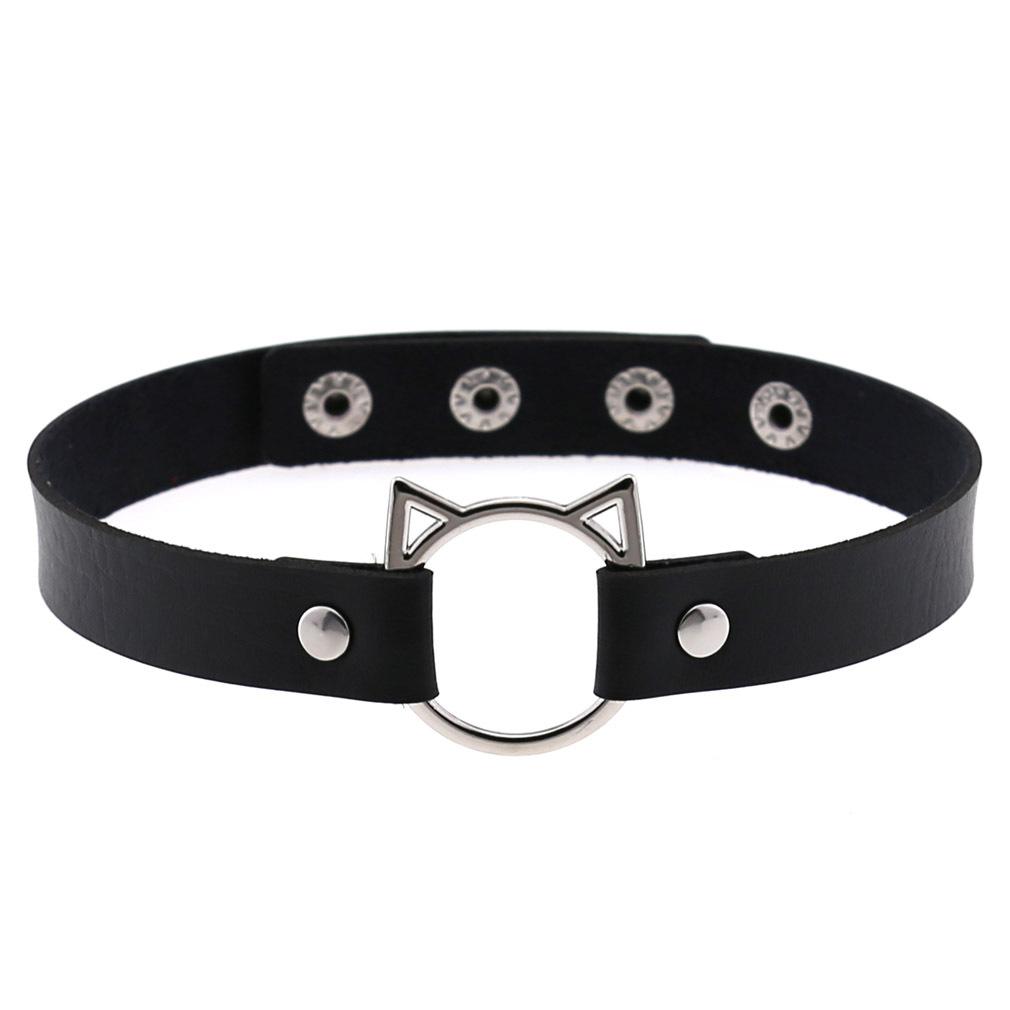 Cat Ear O-Ring Choker Necklace Punk PU Leather Collar for Women Harajuku Jewelry One size
