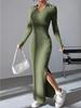 Women Sexy Knit V-neck Reverse Neck Split Dress Autumn Winter Full Sleeve Elastic Basic Body Sweater