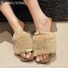 Winter Fur Square Toe Women Flats Slippers Bead Designer Fashion Shoes New Brand 2025 Trend Walking Cozy Home Femme Chaussures
