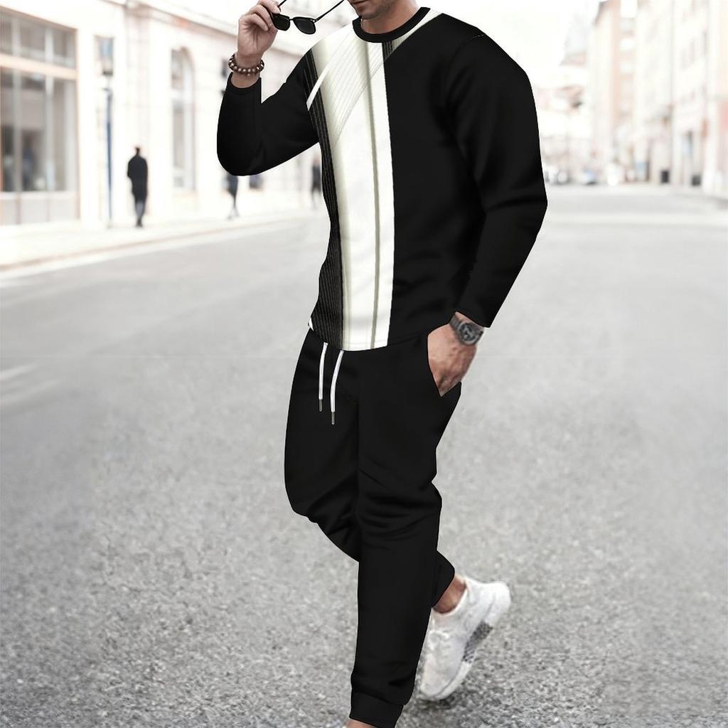 Men Black White Abstract Curve Line Print Long Sleeve Sweatshirt Jogger Pants Two Piece Suit