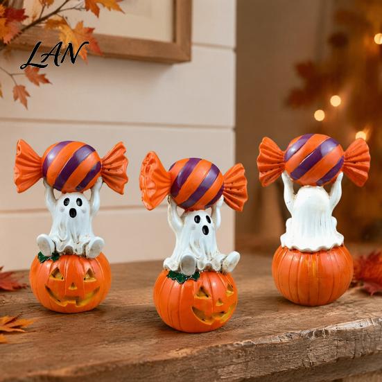 Whimsical Ghost Statue Halloween Figurine, Cute Sitting on Pumpkin Holding Candy Souvenir Gift Statue, Spooky Resin Table Ornament for Indoor